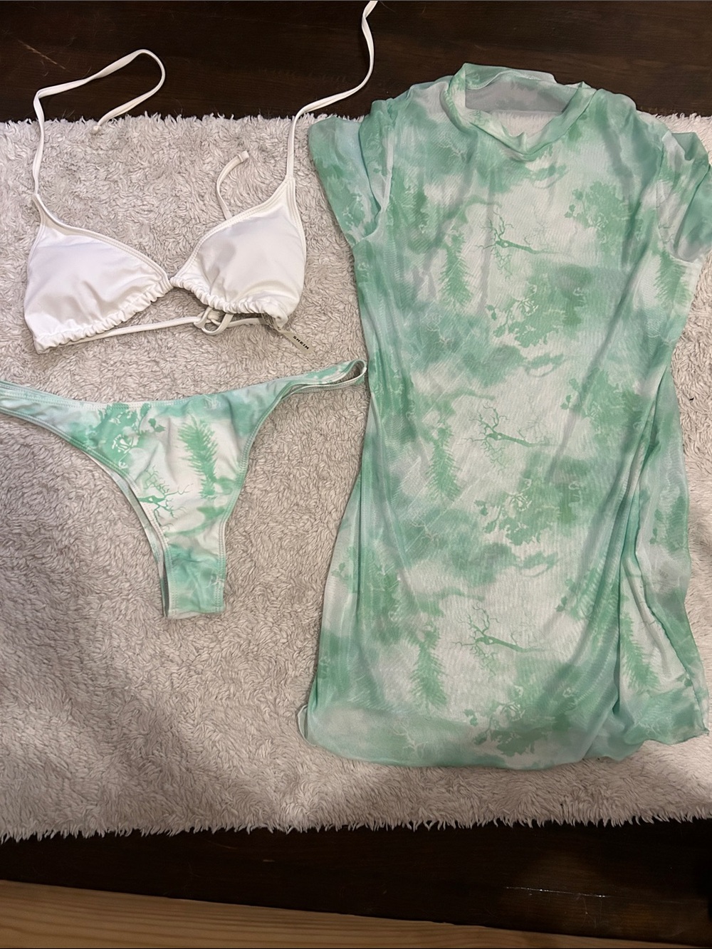 SHEIN White Triangle Bikini Top with Mint Green Tie-Dye Bikini Bottom & Cover-Up